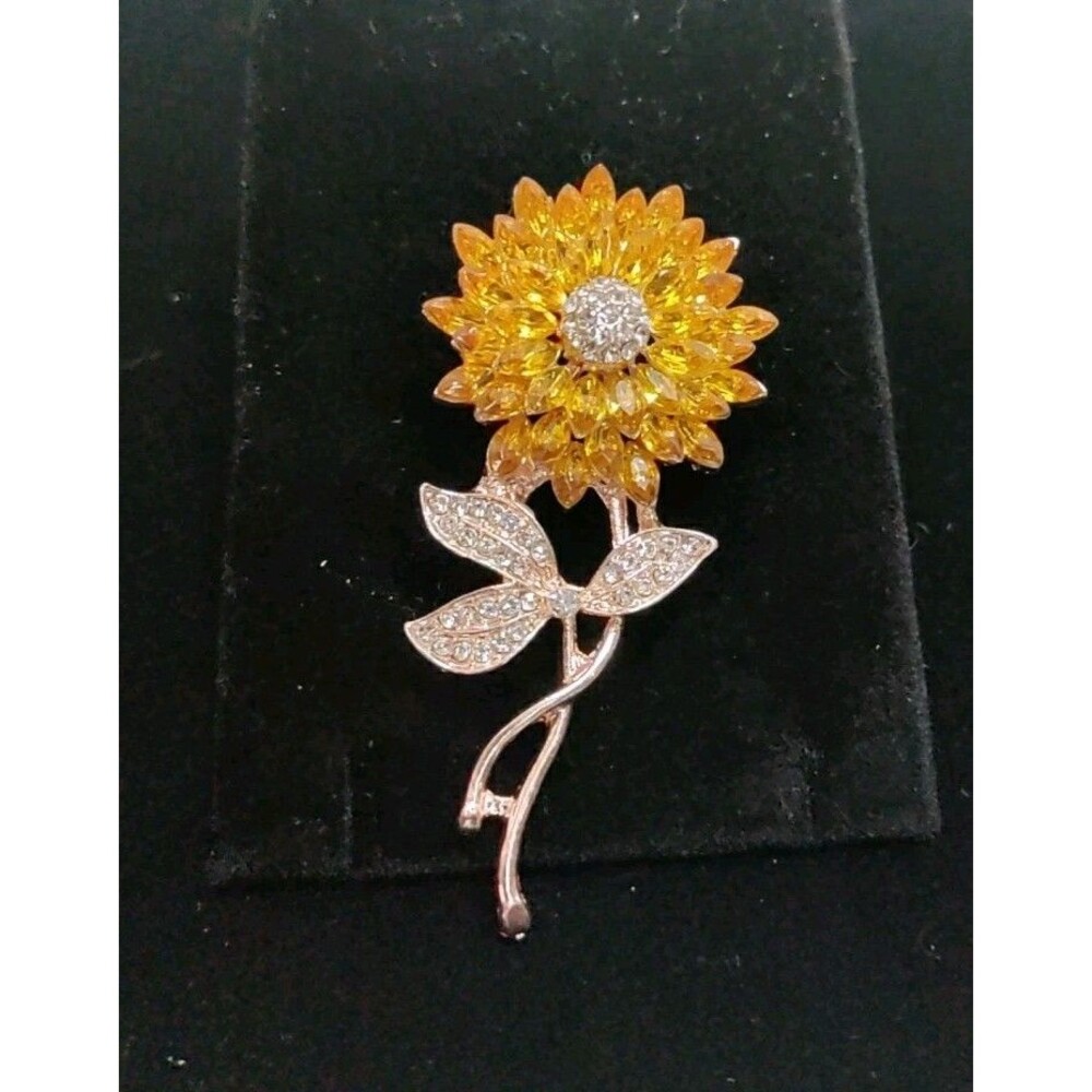 Yellow Flower Brooch Rhinestone 3x1 In